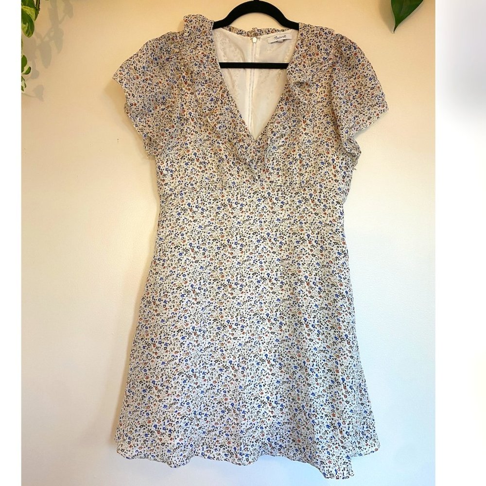 Madewell Floral Silk Dress, ruffle neck, Size 8